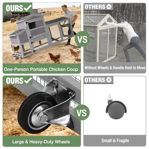 Mobile Chicken Coop with Wheels for 4-6 Chickens, Large Wooden Hen House Expandable Duck Cage with Run, 2 Nesting Boxes, Easy Clean Pull-Out Tray, Waterproof Asphalt Roof (Grey) - size: 80.6"L x 26.6"W x 42.4"H