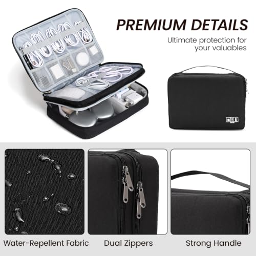 Electronic Organizer Travel Case, Double Layer Cable Organizer Bag | Double-layer design with adjustable dividers, mesh pockets and elastic loops for chargers, cables, power banks and gadgets - color: black