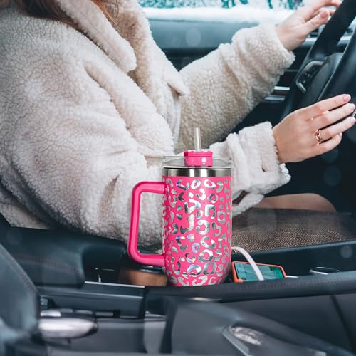 40 oz Tumbler with Handle and Straw, 100% Leak-Proof Travel Mug, Stainless Steel Double Wall Vacuum Insulated Coffee Cup Keeps Cold For 34 Hours, Dishwasher Safe, Hot Pink Leopard - color: Hot Pink Leopard