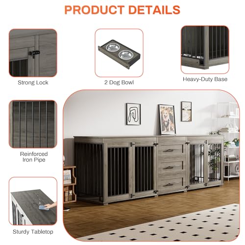 Rophefx 94.5" Dog Crate Furniture for 2 Dogs, Wooden Kennel TV Stand,Grey | Indoor double dog house with 3 storage drawers, 4 feeding bowls, lockable doors, and a wide top for large and medium dogs - color: Grey