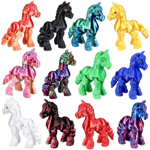 Honoson 12 Pcs 3D Printed Animals 5-7cm, Horse | Articulated Fidget Animals, Flexible 3D Printed Figures for Stress Relief, Cute Mini Joints for Party Favors and Display - size: 5-7cm, style: Horse