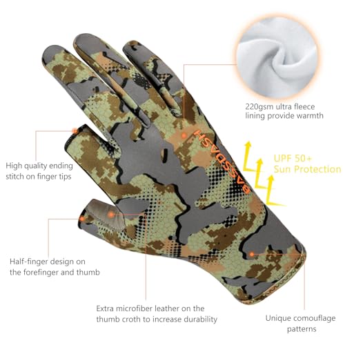 BASSDASH Unisex Fingerless Fleece Liner Camo Hunting Gloves for Cold Weather UPF 50+ Lightweight Fishing Photography HG06 - color: Open Terrain, size: Medium