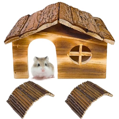 Hamiledyi Hamster Hideout Wooden Hamster House and Bridge with Windows Habitats Decor for Rat Gerbils Mice Playing Hiding