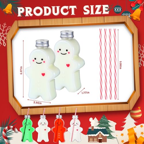 Sliner Christmas Bottles with Straws Including 20 Pcs Empty Plastic Drink Bottle & 20 Pcs Straws & Caps for Christmas Party Juice Milk Cup Drink Water Containers(20 Set,Gingerbread Man) - style: Gingerbread Man