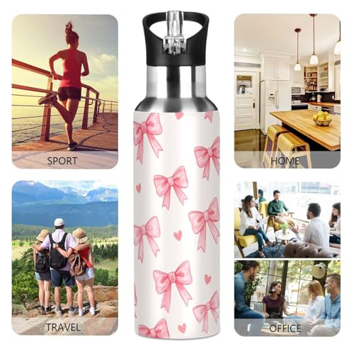 Pink Bows Red Water Bottle Kids Stainless Steel Water Bottle with Straw Lid | Leak Proof Boys Girls Insulated Tumbler Cup for School 20 oz - color: Multi20