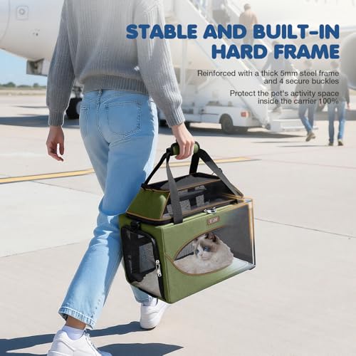 Lekereise Top-Expandable Pet Carrier 18x11x11Inch Delta American United Airline Approved Underseat to 15lbs Stable Car Travel Carriers for Small Dogs Cats with Locking Safety Zippers Anti-Scratch Mesh - color: Dark Green, size: 18"x11"x11"