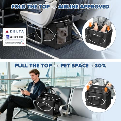 Lekereise Top-Expandable Pet Carrier 17x11x9.5 Inch Alaska Hawaiian Airline Approved Underseat to 12lbs Stable Car Travel Carriers for Small Dogs Cats with Locking Safety Zippers Anti-Scratch Mesh - color: Black, size: 17.0"L x 11.0"W x 9.5"H