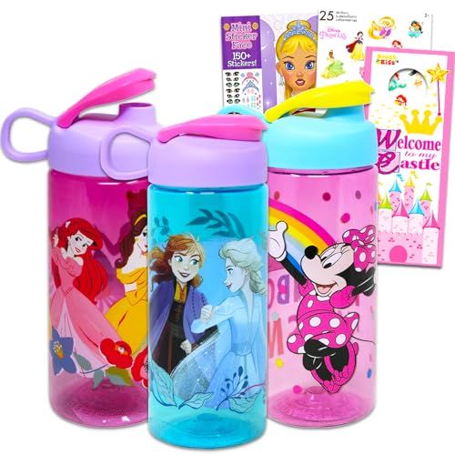 Disney Water Bottle Set – Bundle of 3 Sports Bottles: Disney Princesses, Minnie Mouse & Frozen, Stickers, and More School Supplies | Cups for Kids