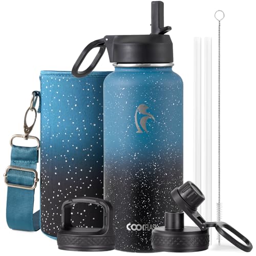 Coolflask 32 oz Water Bottle Insulated with Straw & 3 Leakproof Lids | Water Flask Stainless Steel Triple-Wall Vacuum,Cold 48+h, Dishwasher Safe,Wide Mouth,BPA-Free,Carrier Bag,for Gym,Hiking - color: Turquoise, size: 32 Ounces