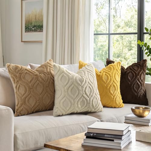 decorUhome Faux Fur Light Brown Khaki Throw Pillow Covers 16x16 Set of 2 | Plush Solid Fall Couch Pillow Covers, Accent Modern Farmhouse Neutral Decorative Soft Pillow Cases for Sofa Bed Living Room - color: Light Brown Khaki, size: 16" x 16" (Pack of 2)