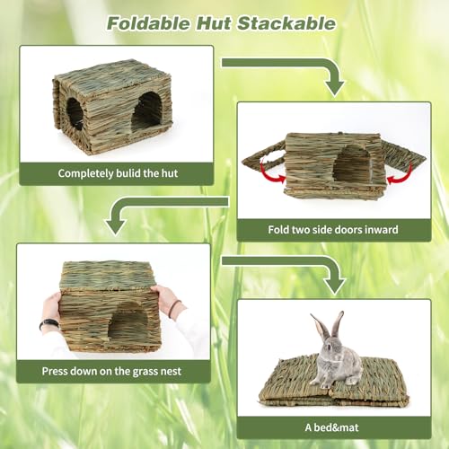 BWOGUE Large Bunny Grass House, Natural Seagrass Bed Hideaway Toy, Hay Mat | Rabbit Grass House, Rabbit Hideout, Rabbit Hut, Chew Toys, 11.81x7.87x9.06 in, Guinea Pig, Hamster, Chinchilla - size: Medium