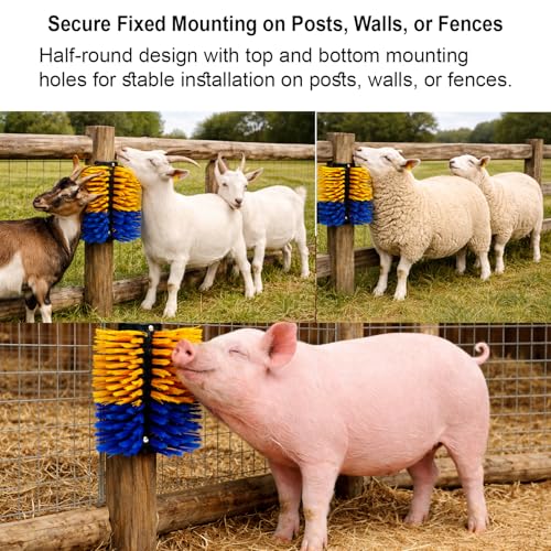 Toys for Pigs - Piglets Accessories for Stress and Boredom Relief, Self-Grooming Scratch Brush for Farm Pigs, Goats & Sheep, Stiff Bristles, Post, Fence or Wall Mounted