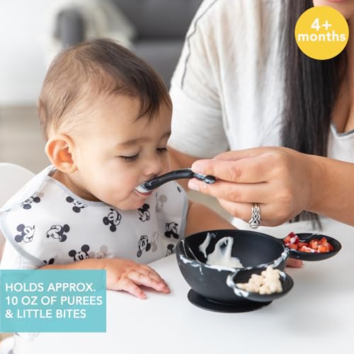 Bumkins Disney Mickey Mouse Bowl, Silicone First Feeding Set with Suction, Includes Spoon, Training Essentials for Baby-Led Weaning, Toddler Self-Feeding, Babies Eating at 4 Mos Up, Black - color: D3 Mickey Mouse-Blk, style: Disney