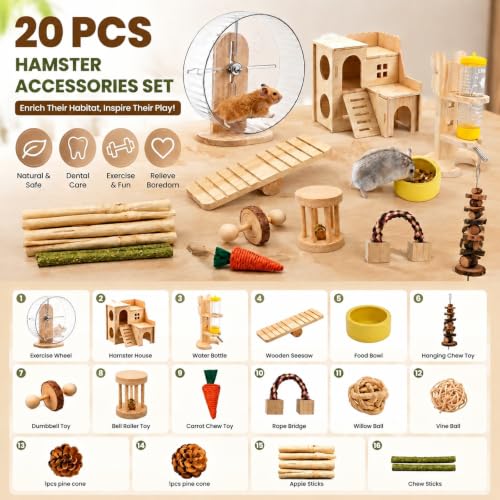 20 Pcs Hamster Cage Accessories,9.5'' Exercise Silent Hamster Wheel,15 Diverse Chew Toys,Maze Wood House, Water Bottle,Bowl Set for Dwarf Hamsters, Gerbils, Mice Small Animals Habitat