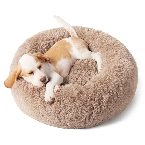Bedsure Calming Small Dog Bed Donut Washable Cat＆Puppy Bed,23 inches Camel | Fluffy Faux Fur Round Cuddler,Machine Washable,Anti-Slip Bottom,Anti-Anxiety,Deep Sleeping for Large Cat & Pets Up to 25 Lbs - color: Camel, size: 23"L x 23"W x 8"Th