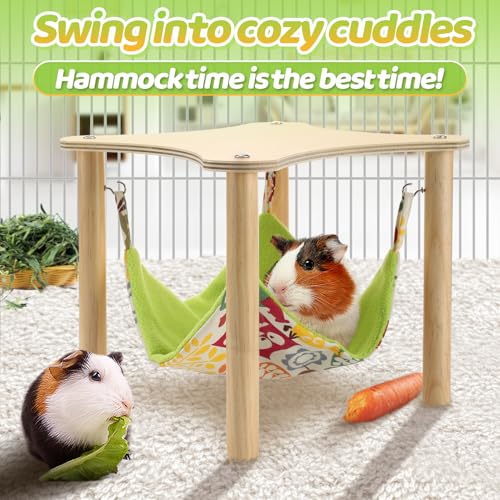 Guinea Pigs Hammock with Natural Wooden Stand - Hanging Hammock Bed for Piggies Chinchilla Hamster Bunny Ferrets Hiding Sleeping - size: 11in L * 11in W * 9.4in H