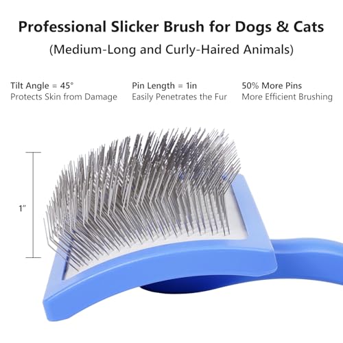 3PCS Slicker Brush for Dogs & Pet Comb,Professional Dog Grooming Brush (Goldendoodles,Poodles,Labradoodles) with Extra Long Pins to Effectively Remove Tangles, Knots,Mats Hair Collection Bottle (Blue) - color: Blue