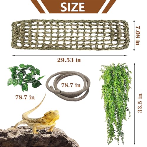 kathson Bearded Dragon Large Hammock,Lizard Lounger 29.53x7.08inches Natural Seagrass Fibers Pet Recliner Flexible Vine Decoration for Gecko Chameleon Snakes (4 PCS)