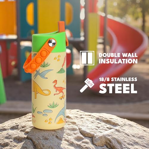 Elemental 100% Leak Proof When Spout is Closed Insulated Kids Water Bottle, Stainless Steel Bottle for School with Straw Lid & Pop-It Handle, Skater Dinos & Green Camo -18oz (2 Pack) - color: Dinos & Green Camo