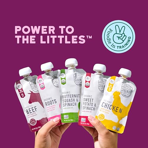 Serenity Kids Baby Food Pouches, No Added Sugar, 5g Protein, 3.5 Oz,18 Pack | Lower-Sugar, Protein-Fueled, Organic Ingredients, Recyclable, Meat & Veg Variety, Veggie-First Baby Snacks - size: 3.5 Ounce (Pack of 18)