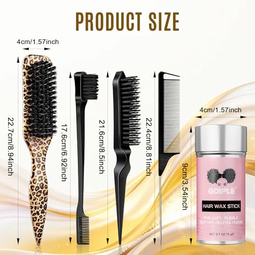 Slick Back Hair Brush Set Teasing Bristle Brush, Hair Wax Stick, Edge Brushes, Rat Tail Comb, Teasing Comb, Wooden Slickback Hairbrush Accessories, Smoothing Combs for Women & Kids(Leopard)