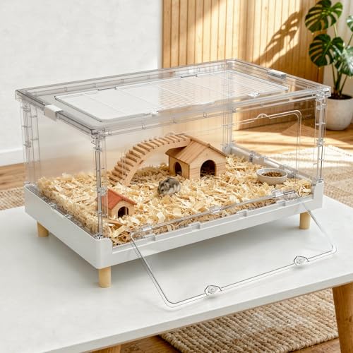 Hamster Cage 13.4" Low Profile Cozy Dwarf Hideout Castle | 470 Sq In roomy floor, frosted rear privacy panel, 2.5" base tray, bookshelf fit draft protection, 5-min foldable frame - size: 27.5"L x 16.9"W x 13.4"H