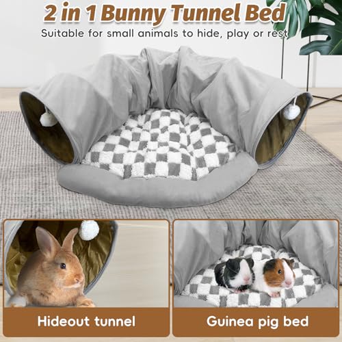 PINVNBY Bunny Tunnel Bed 2-in-1 Removable and Cozy Large Guinea Pig Hideout Tunnel Washable Small Animal Tunnels Tube Toys Guinea Pig Accessories for Rabbit Chinchilla Hedgehog Ferret (Gray)