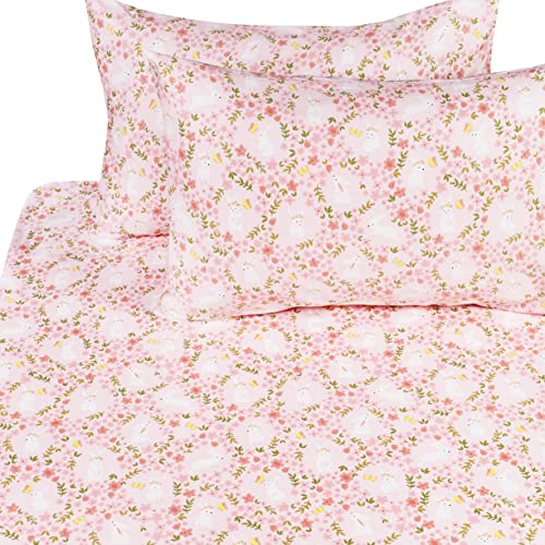 Scientific Sleep Pink Flower Floral Rabbit Bunny 100% Cotton 4 Pcs Twin Bed Sheet Set Kids Toddler Teen, Flat Sheet & Fitted Sheet & Pillowcase Kids Bedding Set (Rabbit Flower, Full) - color: Rabbit Flower, size: Full