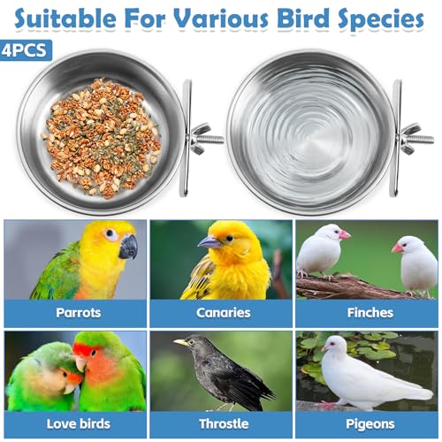 kathson 4 Pack Stainless Steel Bird Bowls, Parrot Feeding Dish Cups with Clamp Holder Bird Feeders Water Cage Bowl for Parakeet Cockatiels Conure Budgies Lovebird Finch and Small Animals