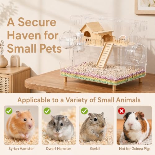 8-in-1 Small Acrylic Hamster Cage, 2-Tier Top Open with All Accessories | Clear 360 Viewing,18.5"x11.8"x14.6",Fits Dwarf Hamsters,Gerbils & Mice,Detachable Tray, Three-sided Ventilation.