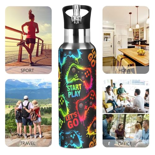 Video Game Boys Joystick Water Bottle Colorful Gamepad Insulated Sports Vacuum Stainless Steel Mug with Straw Lid & Handle 20 oz - color: B09