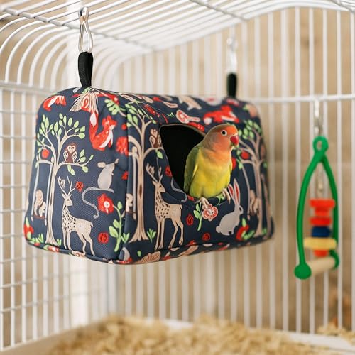 Bird Nest House Cage Hanging Hammock Shed Hut Hideaway Small Size | Snuggle Bird Cage Hanging Nest Tent Forest Animals Pattern Hideaway Bird Hut for Parakeet Cockatiel Conure Finches Love Birds - style: S