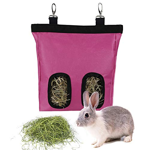 Rabbit Hay Feeder Bag Hanging Hay Rack (Pink, 2 Windows) | Guinea Pigs Manger Holder Dispenser Small Animal Feeder Storage Pouch for Bunny Chinchilla Hamster - color: Pink