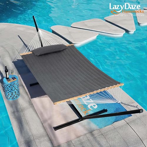 Lazy Daze 12 FT Sunbrella Quilted Hammock, Non-Fading Double Hammock | 2 Person Hammock with Pillow, Straps, Carabiners , All Weather Fade Resistant for Outside, Cast Slate - color: Cast Slate