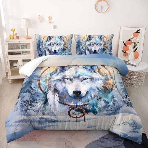 Nttopship White Wolf Comforter Sets Full Size for Kids,White Wolves 3D Cartoon and Dream Catchers Comforter Sets All Season 1 Comforter and 2 Pillowcases - color: White Wolf, size: Full