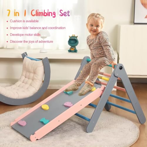 Pikler Triangle Set with Cushion, 7 in 1 Toddler Climbing Toys Indoor | Foldable Space-saving Design, Montessori-inspired Learning, Reversible Slide & Ramp, ASTM F963 Standards for Toddlers 18M-5Y - color: Rainbow With Blue