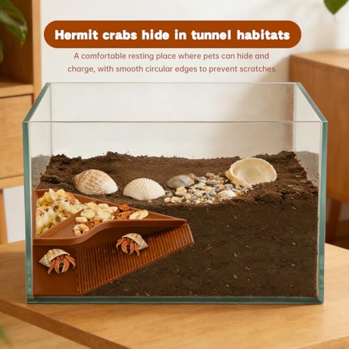 Hermit Crab Cave Habitat with Climbing Tunnel, 2-in-1 Cave Shelter & Feeding Dish, Textured Climbing Ramp & Viewing Window, Reptile Tank Accessories for Turtles, Lizards(Brown)