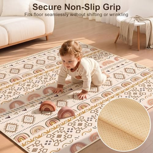 Basumee Splat Mat for Under High Chair, Waterproof & Mess-Proof Floor Mat | 46"×42" Baby Splash Mat, Non Slip Bottom, 4-Layer Fabric, Food & Liquid Catcher, Machine Wash for Boy Girl, Meals, BLW, Craft - color: Brown Geometry, size: 46x42 Inches