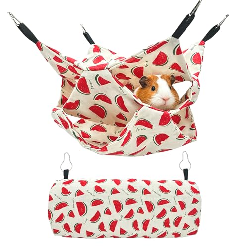 Small Animal Hammock and Tunnel Set, 3-Tier Hanging Hideout | Two-piece linen set for resting, hiding and climbing; removable hooks and padded tunnel, remove hooks before washing - color: Watermelon