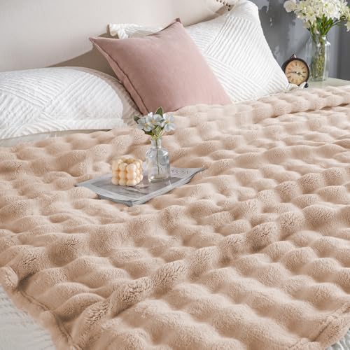 Brown Faux Fur Throw Blanket for Couch, Soft Fluffy Bubble Blanket for Bed Sofa, Thick Warm Plush Fuzzy Rabbit Fur Blanket for Neutral Home Decor, 50"X 60" - color: Brown, size: throw(50x60)