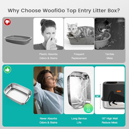 XL Stainless Steel Cat Litter Box with Lid, Top Entry, Mat & Scoop Included | XL for Big Cats, High Sides Enclosed Design, Anti-Urine Leakage, Non-Stick Odor-Free, Easy Clean, Reduce Litter Tracking - color: V-Black
