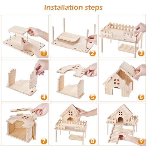 Hamster Wooden House with Platform,Ramp & Swing - Natural Wood Play Set forSyrian Dwarf Hamsters, Gerbils, Mice,Small Animals Cage Accessories