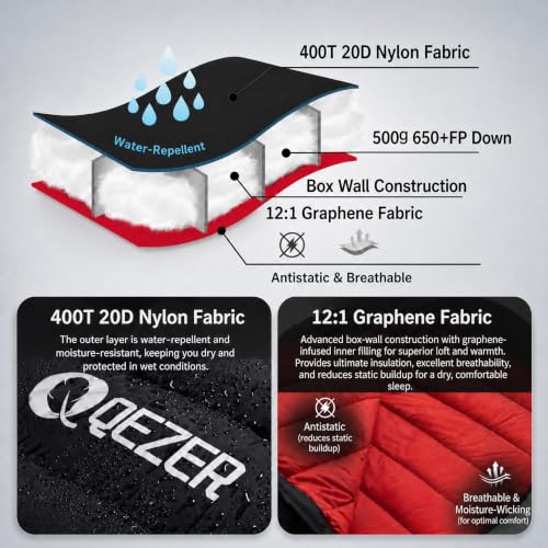 0 Degree Down Sleeping Bag for Adults,Cold Weather Backpacking | 650 Fill Power Down, 4-Season Use, Large Lightweight Compact Carry, Camping Hiking Backpacking - color: 500g-Black