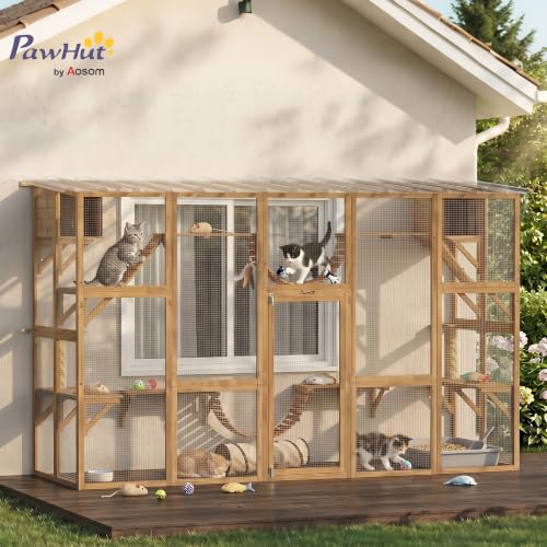 PawHut Catio Outdoor Cat Enclosure Window, 118" x 37.5" x 74", Yellow | Outdoor Cat House, Weather Protection Roof, for Multiple Kitties, Wooden Frame, Shelves & Bridges - color: Yellow