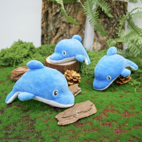 Dog Hide and Seek Toys Puppy Chew Squeaky Toys Plush Mushroom&Bamboo&Shell Hideout Stuffing with Squeakers Animals (3Pcs Squeaky Dolphin Blue) - color: 3Pcs Squeaky Dolphin Blue