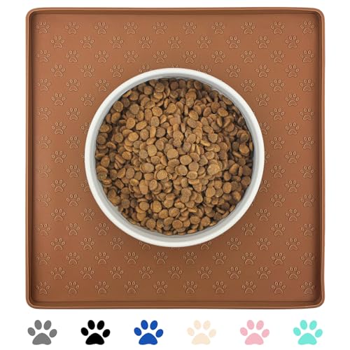 Ptlom Pet Placemat for Dog and Cat, Waterproof Silicone Pet Feeding Bowl Mats for Food and Water, Small Medium Large Dogs Mat Prevent Residues from Spilling to Floor, Brown, 11.8"x11.8" - color: Brown, size: 11.8"L x 11.8"W