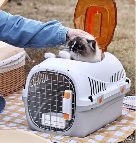 Hard Cat Carrier for Large Cats up to 20 lbs, Top Loading Plastic Pet Travel Kennel with Hard Shell, Metal Wire Door, Roof Petting Hatch and 360 Ventilation,Includes Feather Wand(Gray Set) - color: gray set