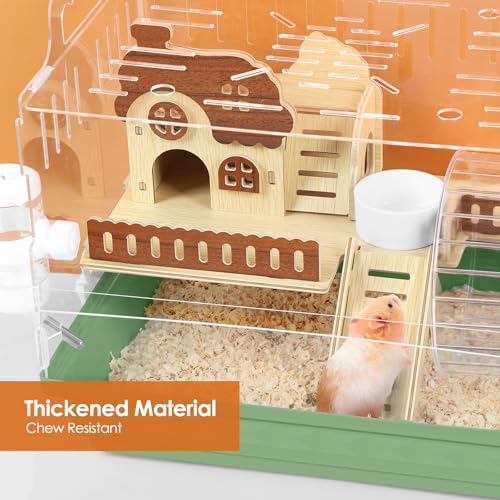 Acrylic Hamster Cage Clear Hamster Houses for Small Pet Mice | Running Wheel, Hideout, Food Bowl, 360 Viewing Transparent Pet Mice Cage for Syrian Dwarf Hamsters, Gerbils, Green - color: Green