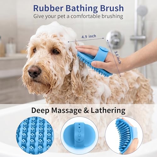 5-in-1 Dog Grooming Kit with Self Cleaning Brush & Rake, Blue | Best Push-Button Self-Cleaning Puppy Grooming Set with Undercoat Deshedding Rake & Steel Combs for All Long Short pet hair - color: Blue