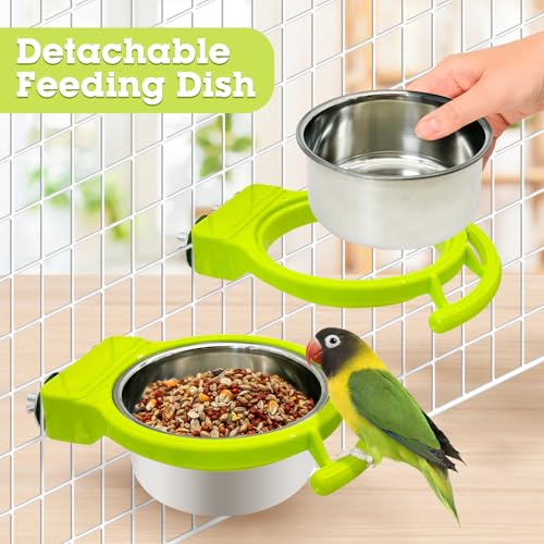 Stainless Steel Bird Bowls for Cage 2 Pcs Parrot Feeding Dish Metal Food and Water Cups Detachable Birds Cage Feeder Hanging Finch Food Plates with Perch for Parakeet Budgie Lovebird (Green) - color: Green